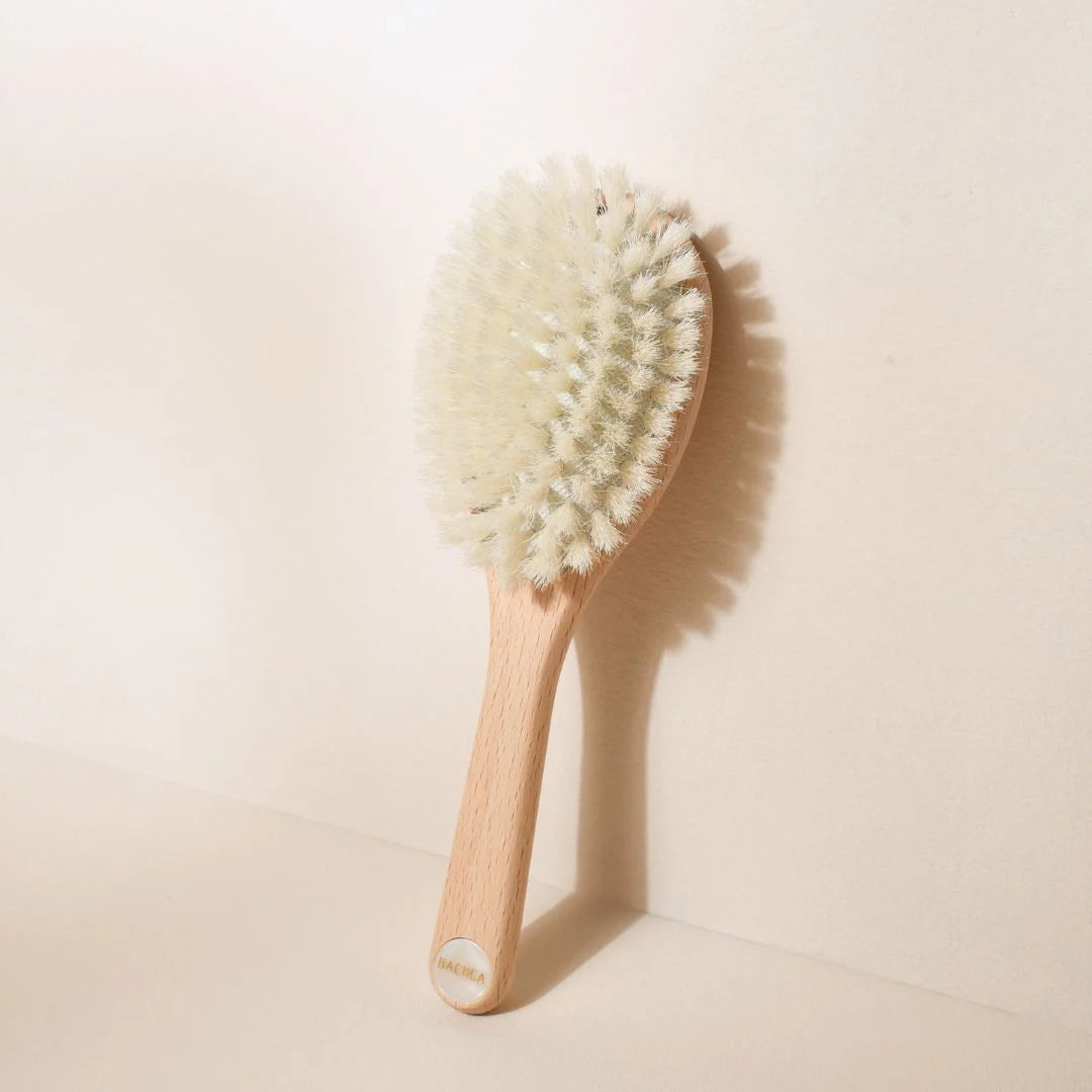 Bachca baby hair brush in beechwood with ultra-soft white bristles, positioned vertically against a beige wall with soft fan-shaped shadow.