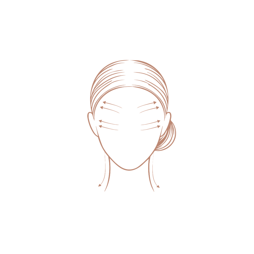 Outline of a face with arrows indicating facial massage points moving outward from inner forehead to outer temples on a white background for the Bachca Lymphatic Drainage Brush
