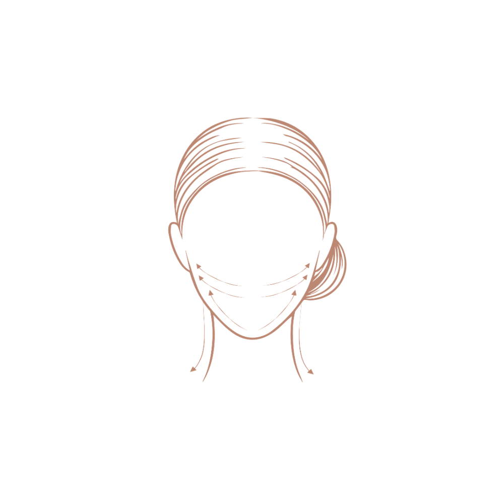 Outline of a face with arrows indicating facial massage points moving outward from upper lip to ear on a white background for the Bachca Lymphatic Drainage Brush