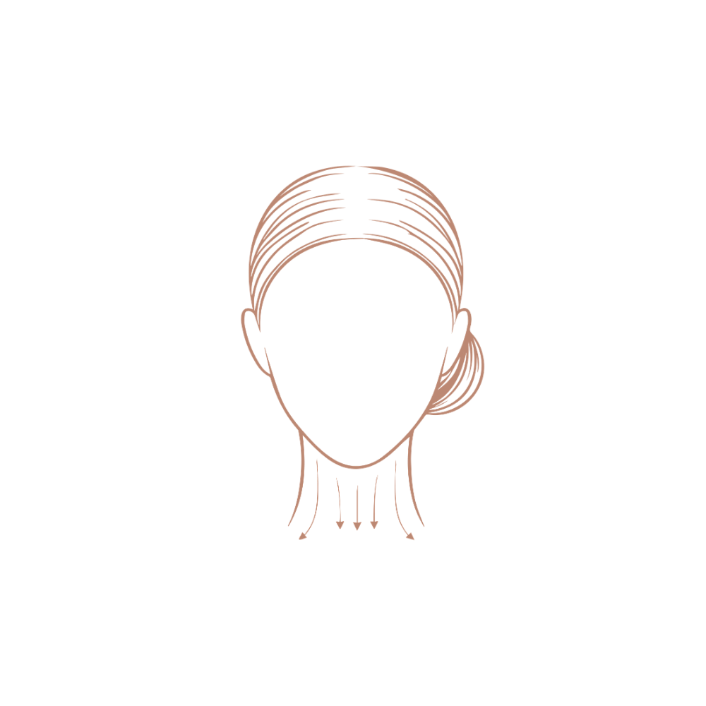 Outline of a face with arrows indicating facial massage points moving down from top of neck to bottom of neck on a white background for the Bachca Lymphatic Drainage Brush