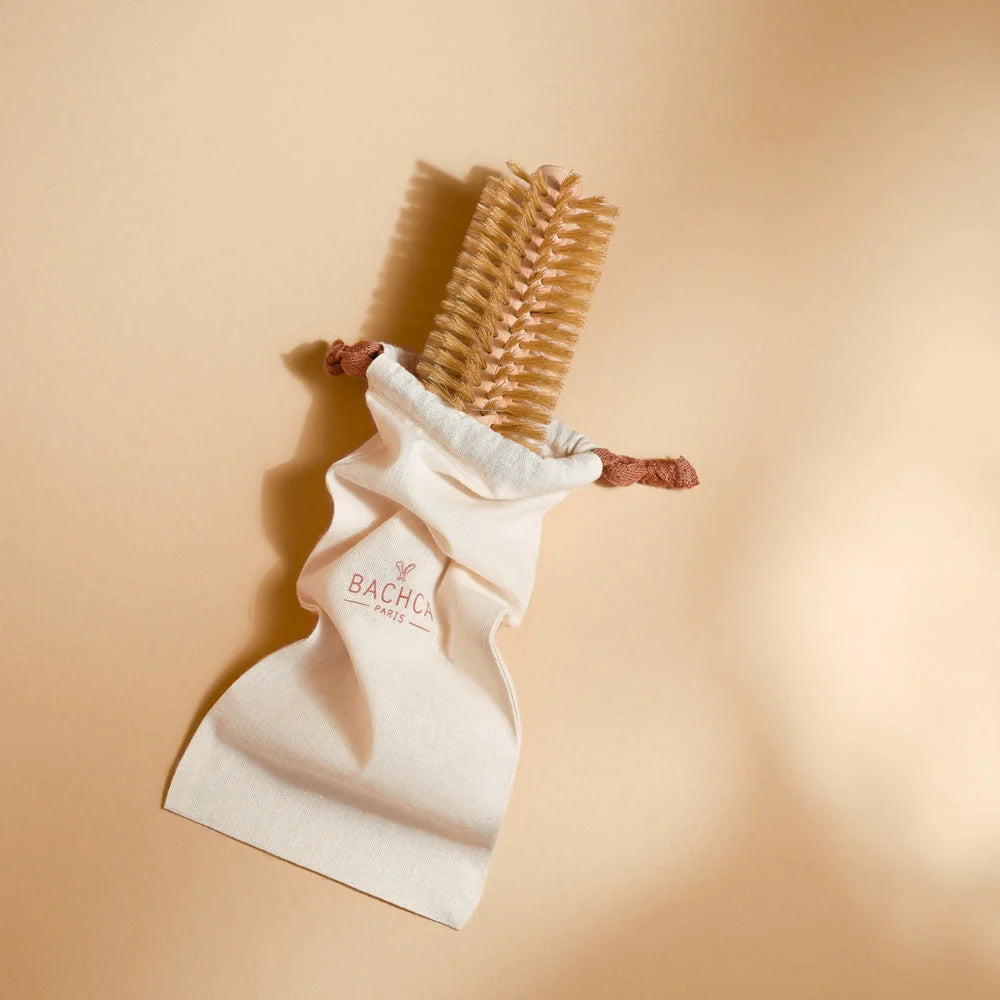 Bachca Shine and Volumizing Round Hair Brush inside the Bachca pouch 