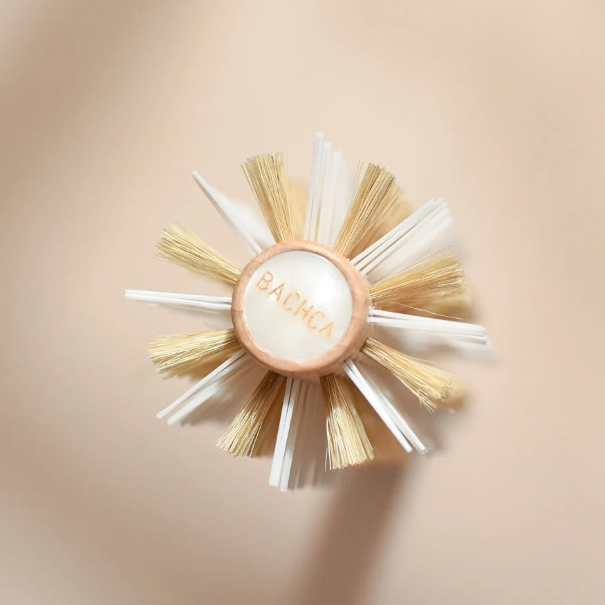 Top-down view of a Bachca round styling brush, highlighting the engraved wooden end with the logo and the harmonious mix of nylon and boar bristles on a soft beige background.