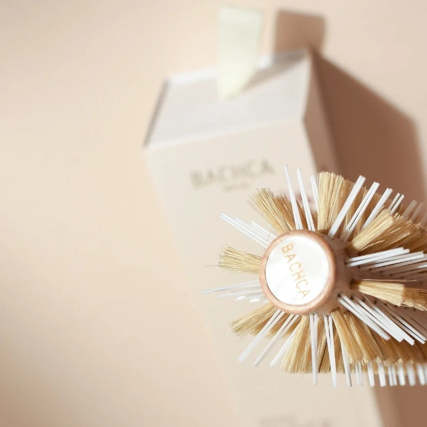 Close-up of the Bachca round styling brush head, showing nylon and boar bristles, positioned in front of its beige case with the brand logo.