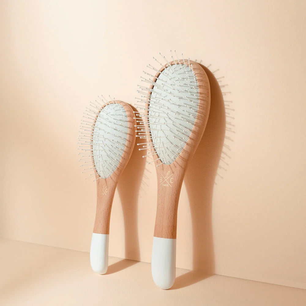 Bachca DEtangling and Volumizing Hair Bruhses standing upright. The left shows the small size and the right shows the large size. 